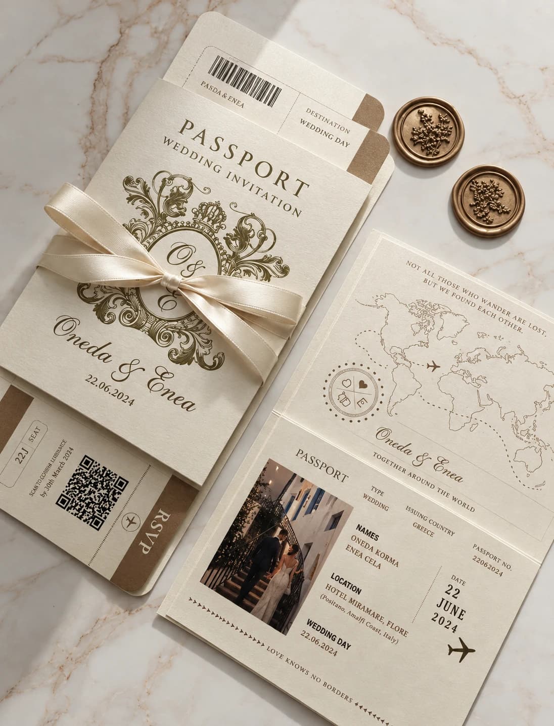 Einladung als Reisepass mit Boarding-Pass und RSVP-QR-Code