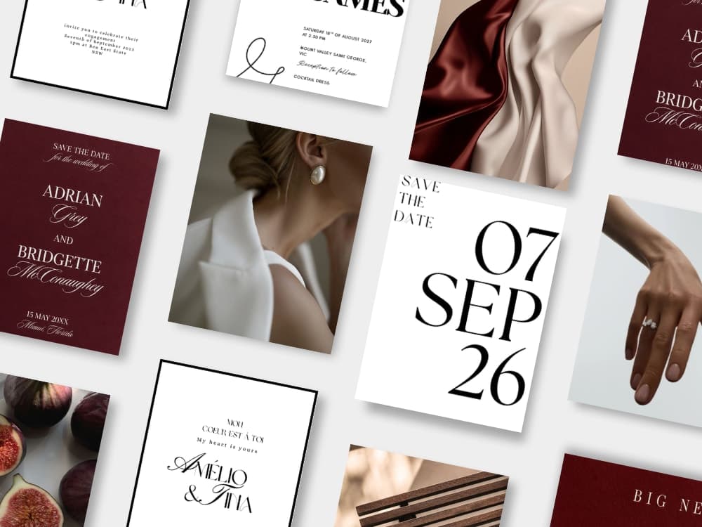 Moodboard aus Hochzeitspapeterie, Stoffen und Details in Bordeaux und Creme