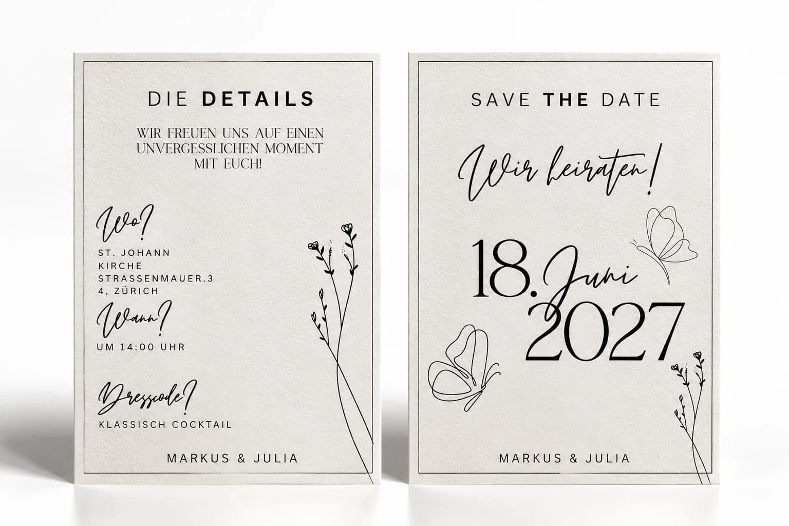 Schwarz-Weiss Hochzeitseinladung mit Save-the-Date