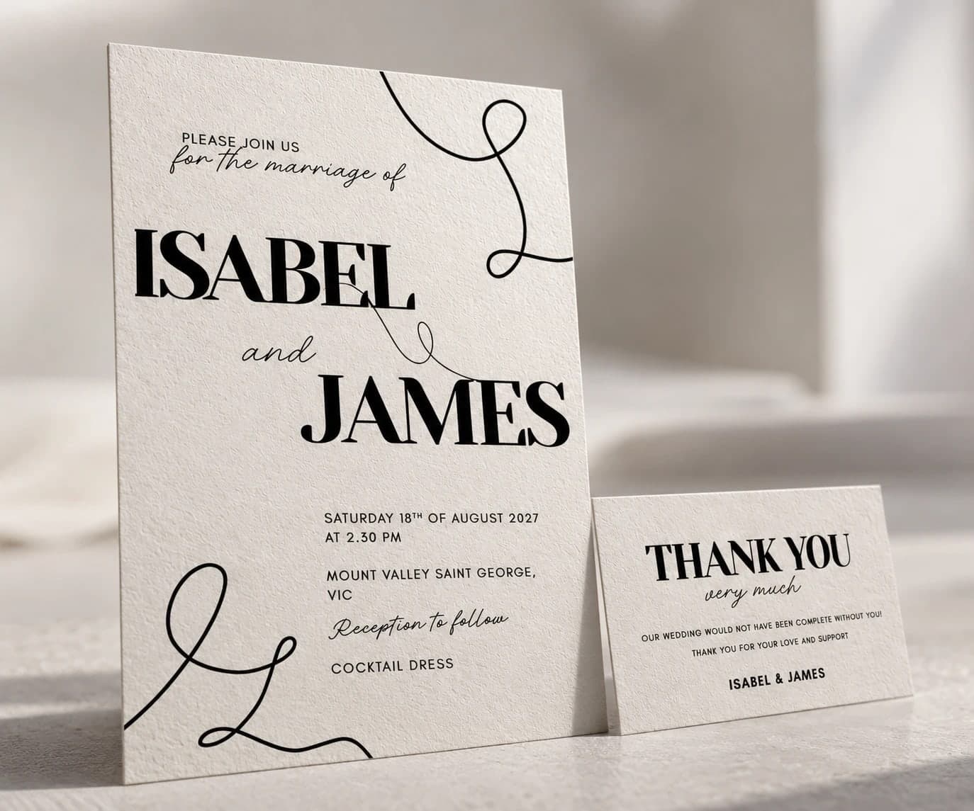 Einladung und Danksagungskarte aus der Hochzeitspapeterie von Klick & Kalligrafie