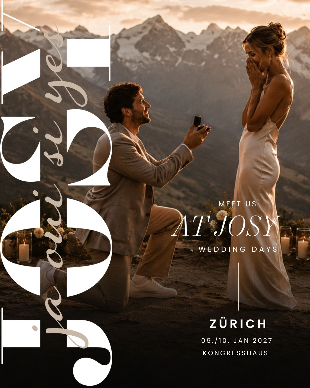 Flyer: Meet us at JOSY Wedding Days, Zürich, 9./10. Januar 2027, Kongresshaus