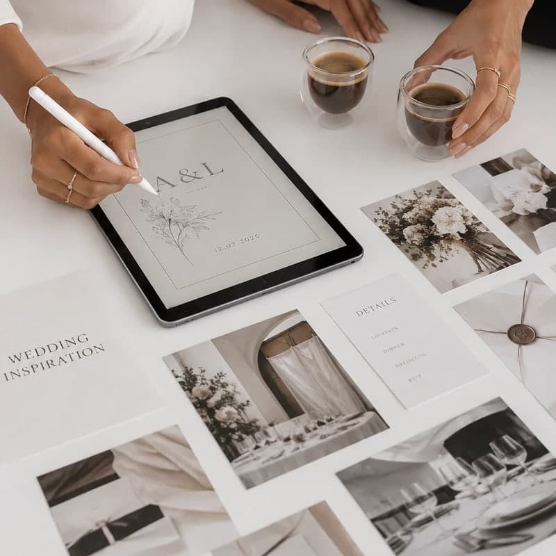 Entwurf einer Hochzeitseinladung auf dem Tablet zwischen Moodboard-Karten